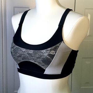 TRACK & BLISS black, gray & silver lace yoga top S